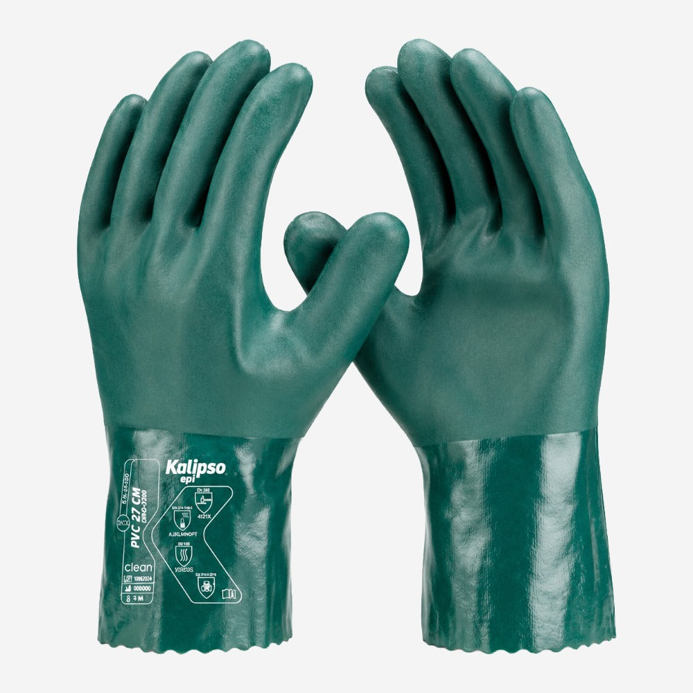 Luva de Proteção Produtos Químicos, Umidade e Riscos Mecânicos para Uso Profissional em PVC com Suporte Têxtil Kalipso PVC 27cm CA 21420