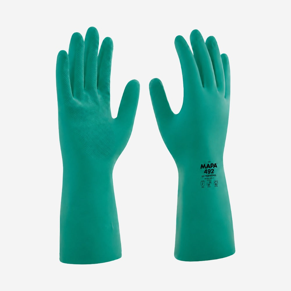 Luva de Proteção Produtos Químicos e Abrasão Nitrílica Verde Antiderrapante Mapa Professional Ultranitril 492 CA 32070