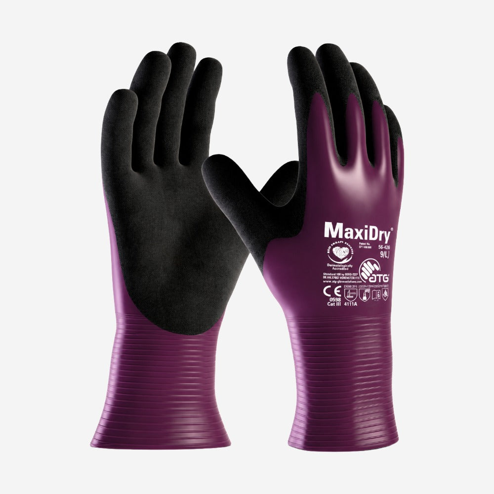 Luva de Proteção Produtos Químicos e Abrasão Peças Oleosas Nylon Elastano Preta e Roxa Banho Nitrílico Total Next Safety MAXIDRY TOTAL 75.200 CA 50996