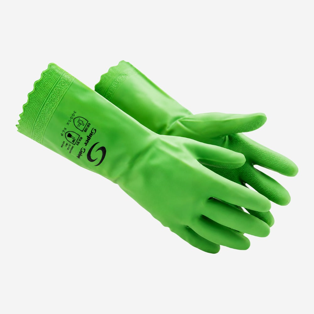 Luva de Proteção Produtos Químicos e Abrasão para Limpeza Industrial Borracha Nitrílica Verde Fish Scale Grip Super Safety Glove Max CA 43407