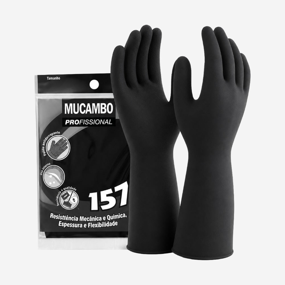 Luva de Proteção Produtos Químicos e Abrasão para Limpeza Látex Natural Preta Antiderrapante Mucambo PRO 157 CA 3890
