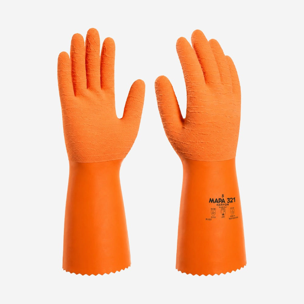 Luva de Proteção Produtos Químicos e Calor para Pesca Látex Natural Laranja Antiderrapante Mapa Professional Harpon 321 CA 10387