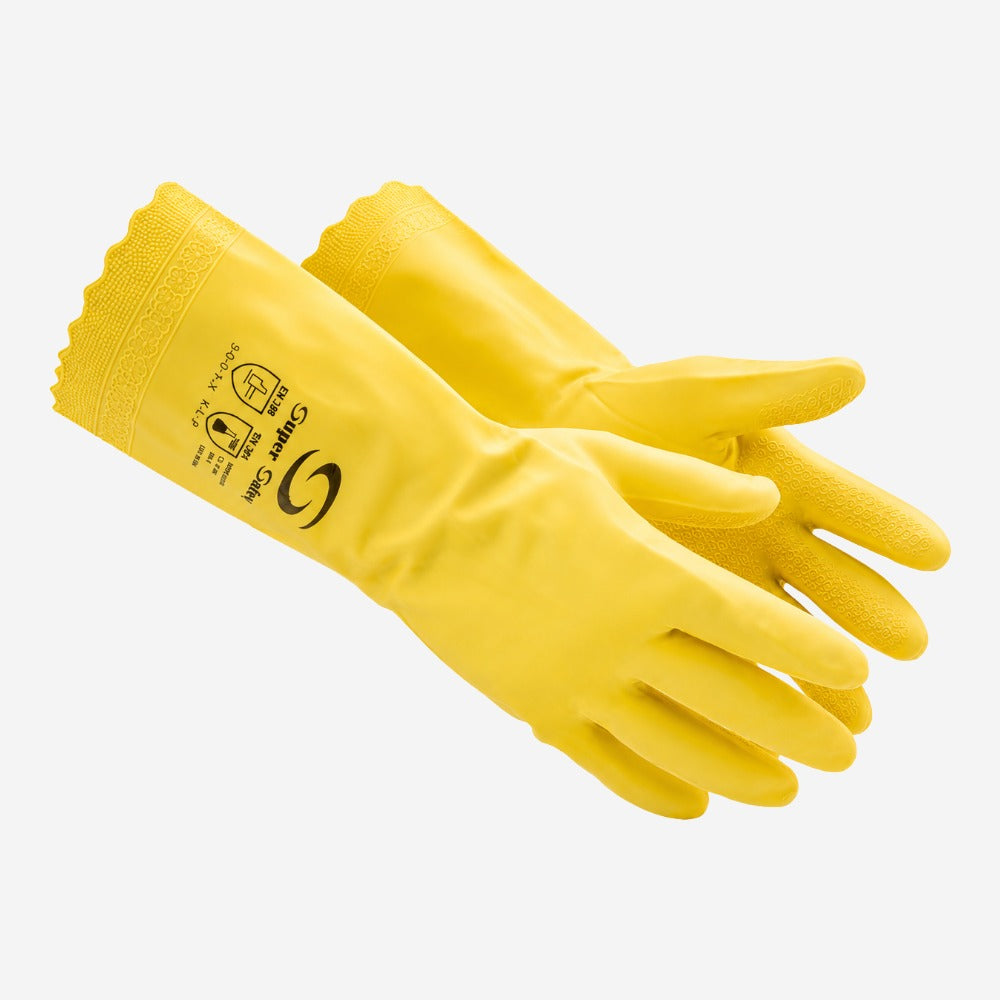 Luva de Proteção Produtos Químicos e Umidade para Alimentos e Limpeza Borracha Nitrílica Amarela Grip Diamante Super Safety Super Glove Nitro CA 38011