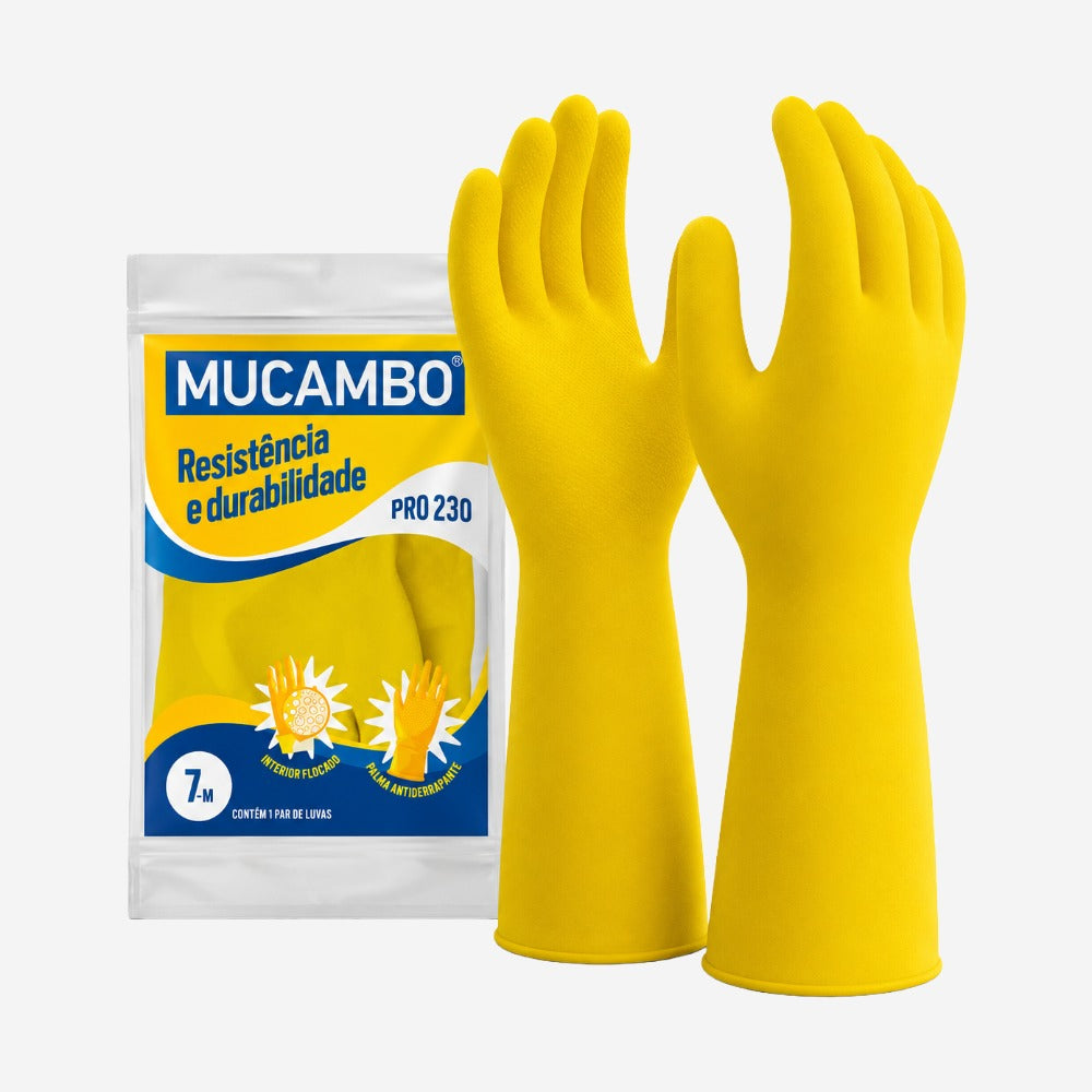 Luva de Proteção Produtos Químicos e Umidade para Limpeza Látex Natural Amarela Antiderrapante Mucambo PRO 230 CA 5446