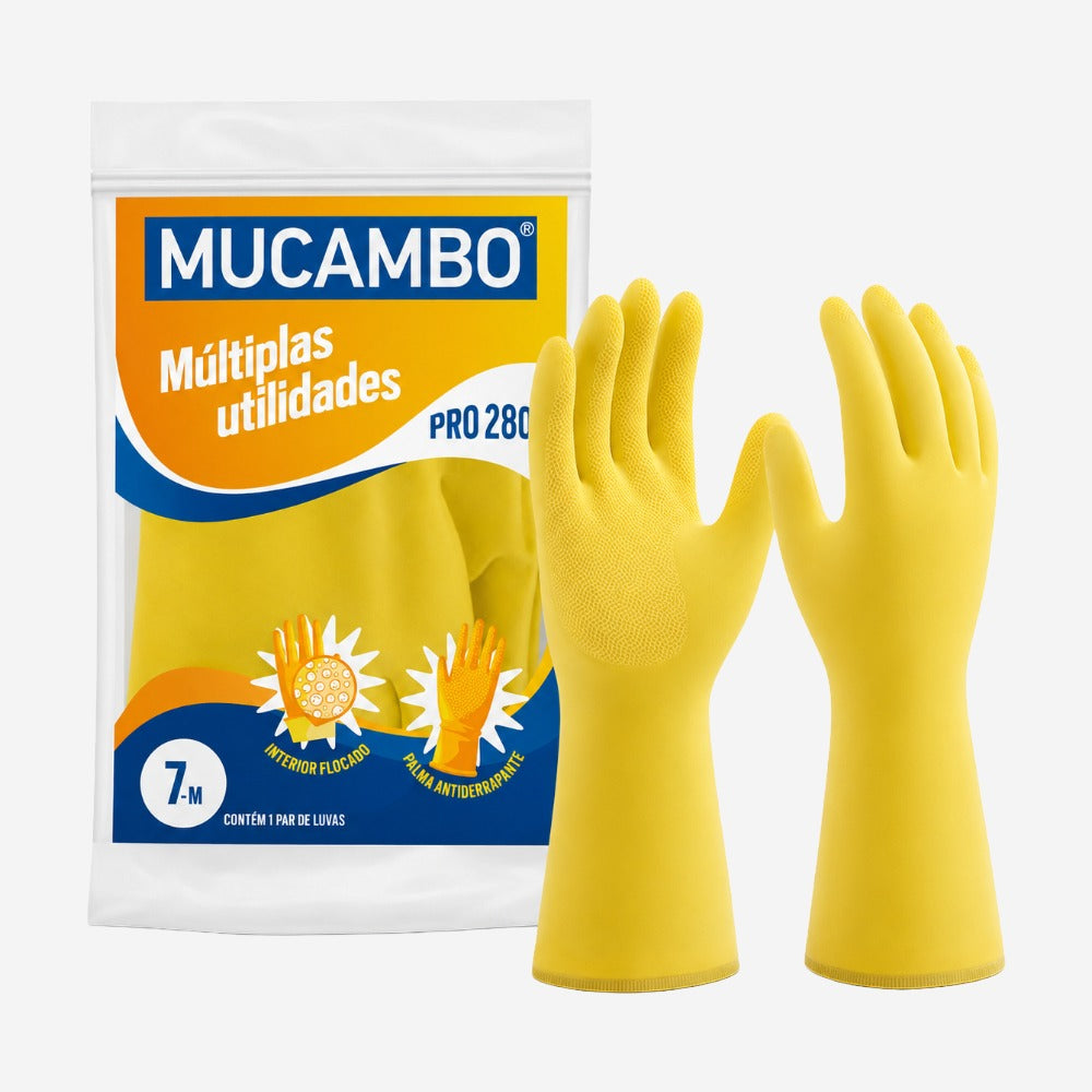 Luva de Proteção Produtos Químicos e Umidade para Limpeza Látex Natural Amarela Antiderrapante Mucambo PRO 280 CA 11872