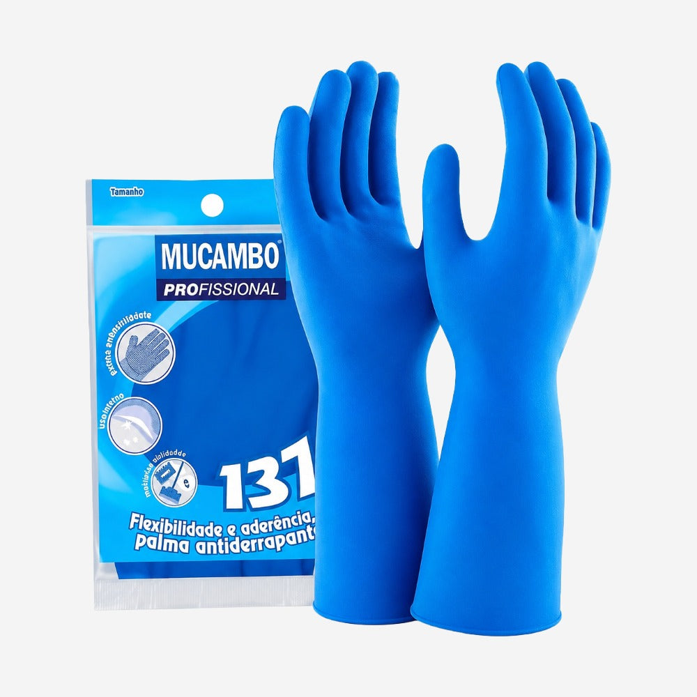 Luva de Proteção Produtos Químicos e Umidade para Limpeza Látex Natural Azul Antiderrapante Mucambo PRO 137 CA 4429