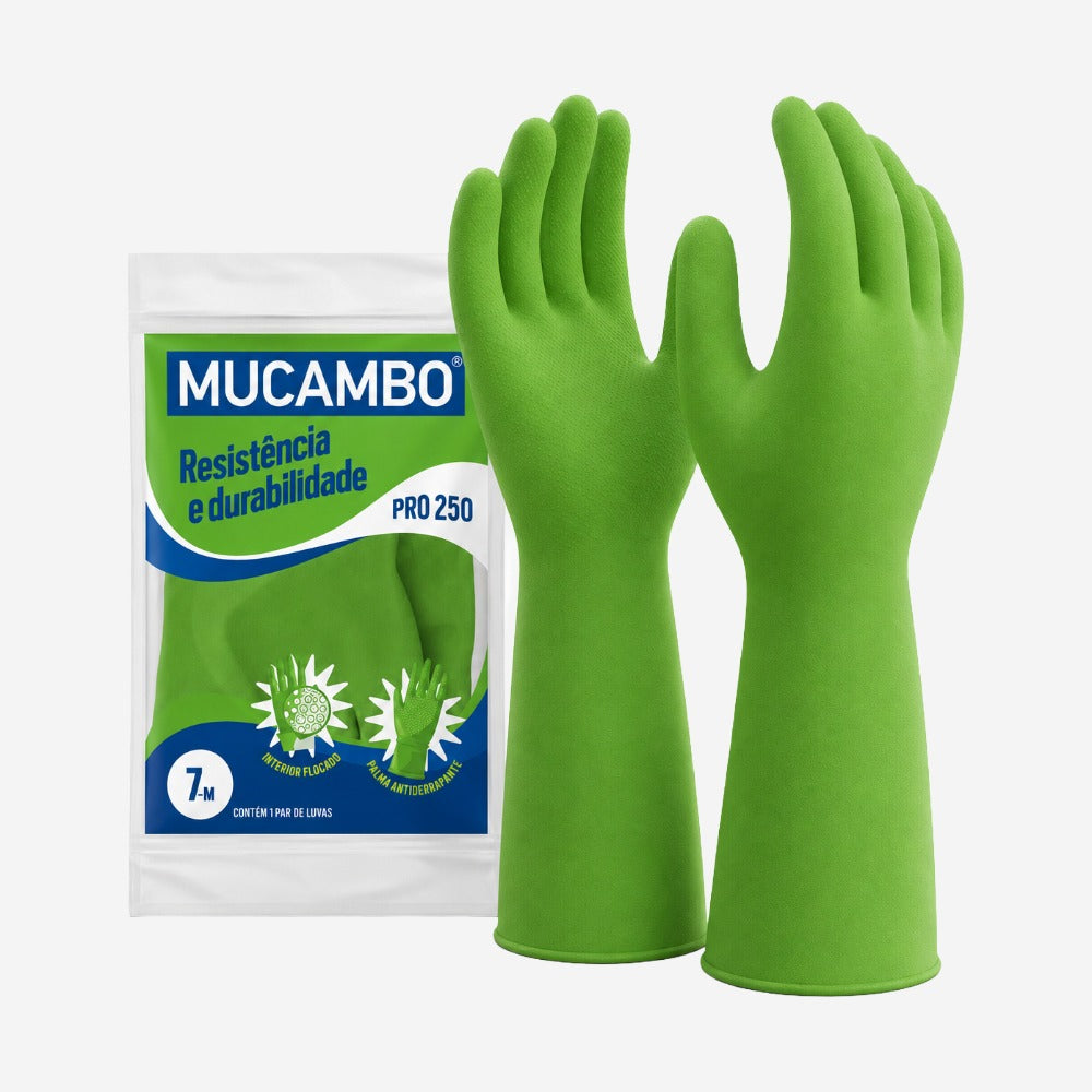 Luva de Proteção Produtos Químicos e Umidade para Limpeza Látex Natural Verde Antiderrapante Mucambo PRO 250 CA 2429