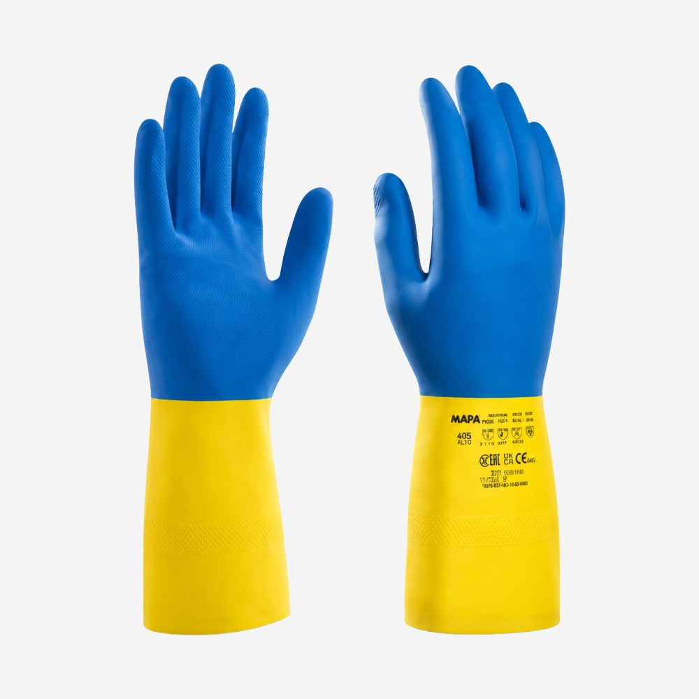 Luva de Proteção Produtos Químicos e Umidade para Limpeza Látex e Neoprene Bicolor Mapa Professional Alto 405 CA 43392