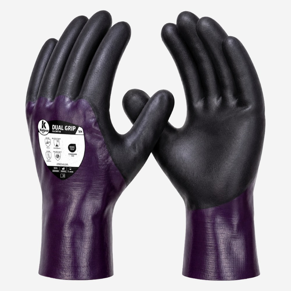 Luva de Proteção Produtos Químicos e Umidade para Uso Profissional em Borracha Nitrílica com Suporte Têxtil Kalipso Dual Grip CA 50739