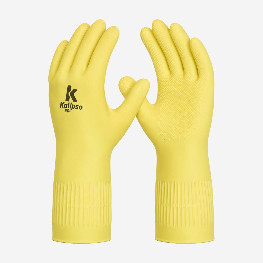 Luva de Proteção Produtos Químicos para Imersão e Limpeza Látex Natural Amarelo Antiderrapante Cano Longo Kalipso Maiorca CA 45045