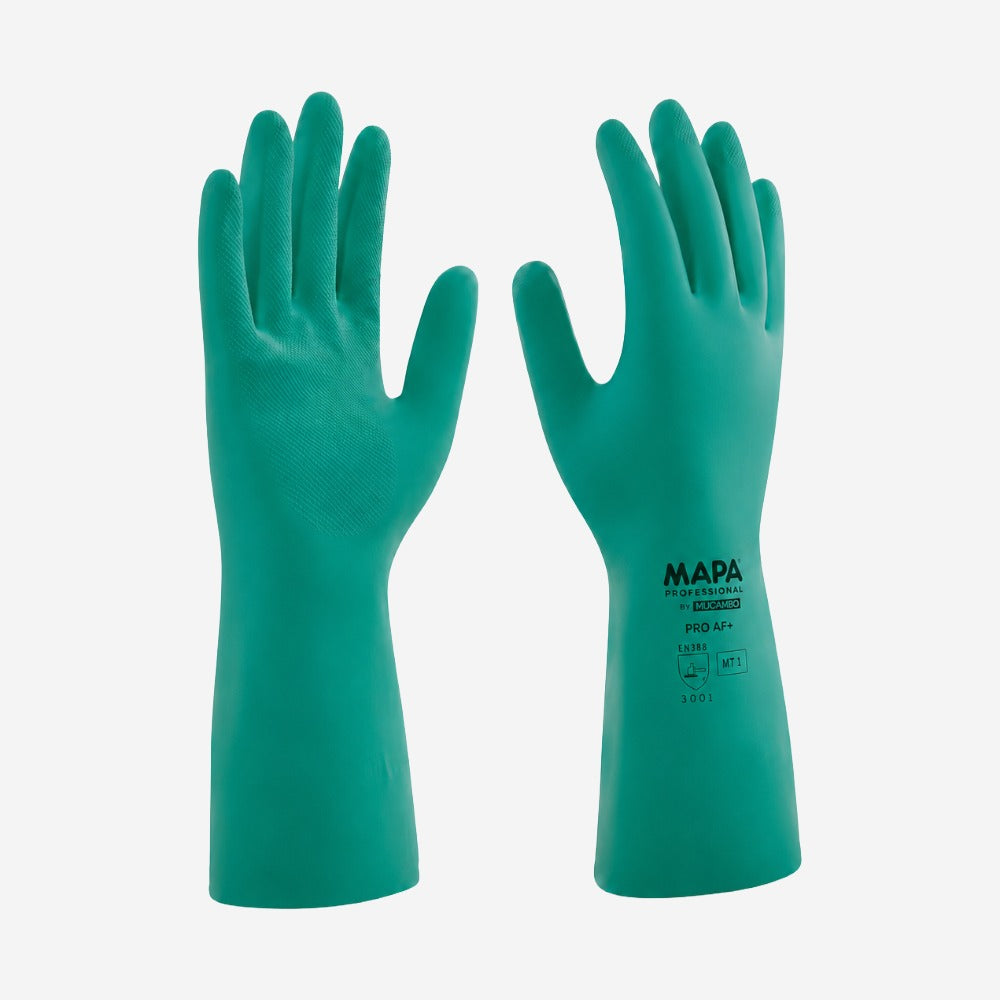 Luva de Proteção Produtos Químicos para Limpeza Industrial Nitrílica Verde Antiderrapante Mapa Professional AF-15 CA 32069