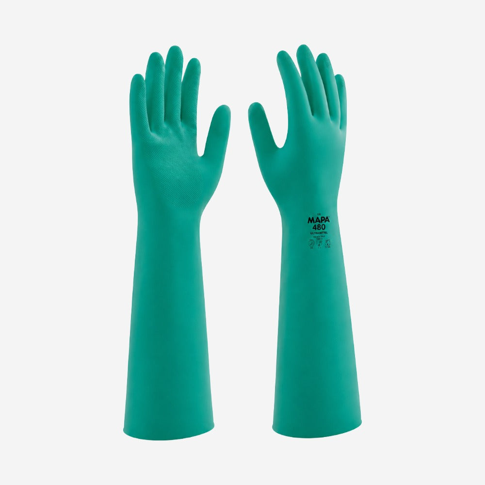 Luva de Proteção Produtos Químicos para Manuseio Intensivo Nitrílica Verde Cano Longo 46cm Mapa Professional Ultranitril 480 CA 31369