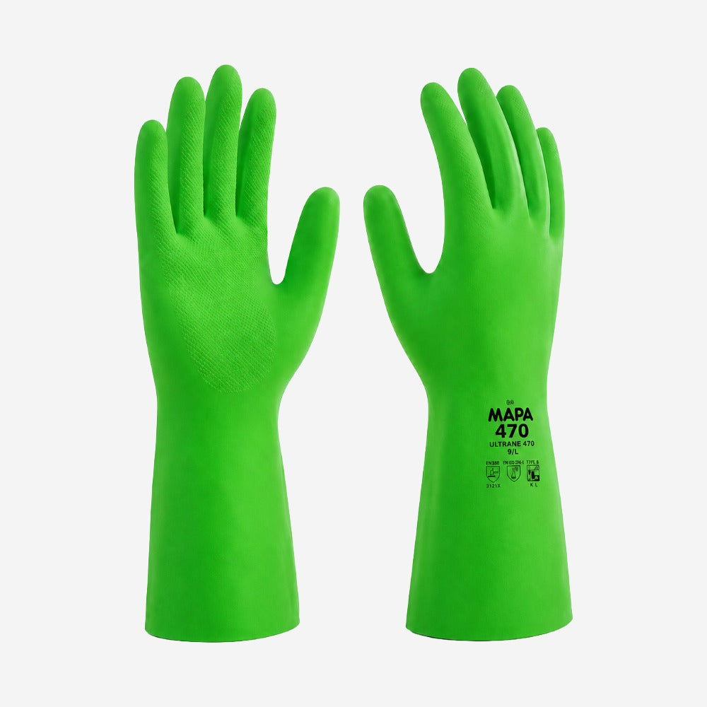 Luva de Proteção Produtos Químicos para Peças Oleosas Nitrílica Verde Antiderrapante Mapa Professional Ultranitril A-10 470 CA 32808