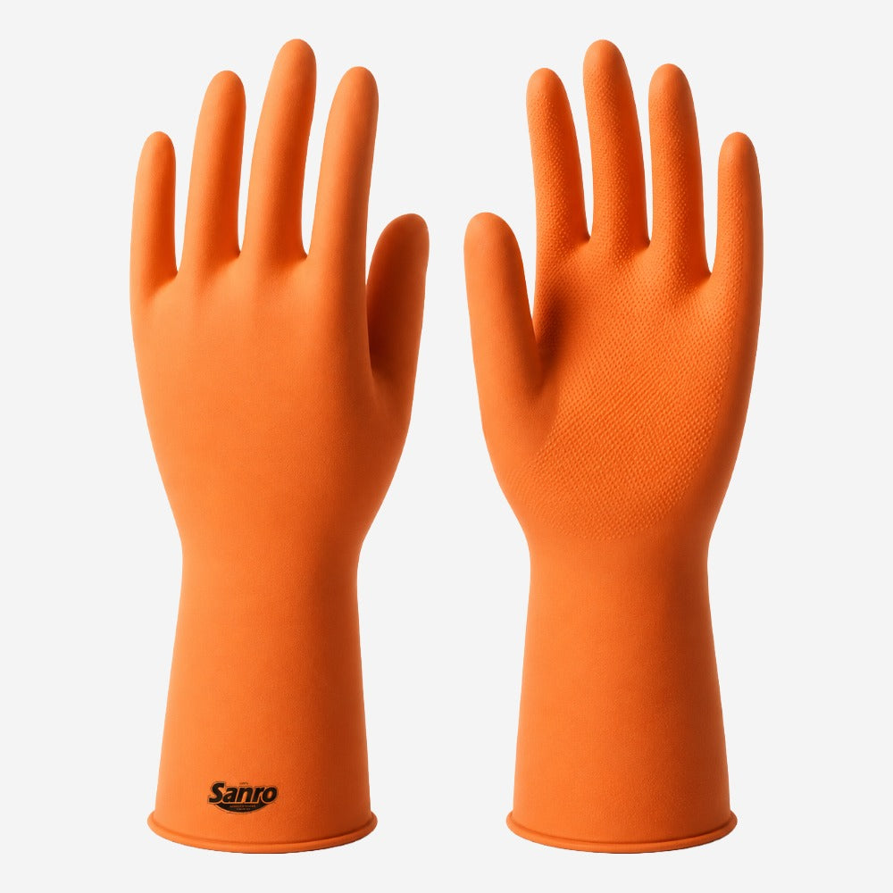 Luva de Proteção Química Biológica e Mecânica para Limpeza em Látex Natural Laranja Flocada Palma Texturizada Sanro Plus CA 6110