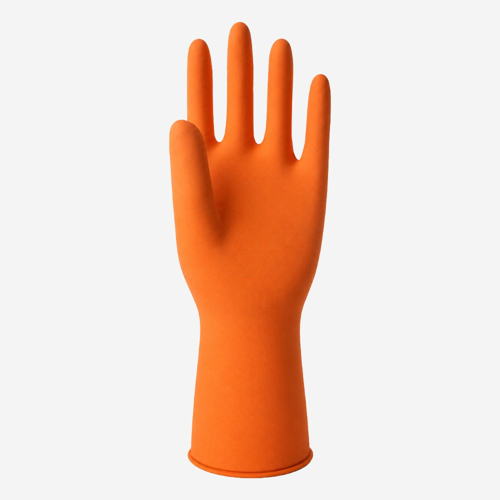 Luva de Proteção Química Biológica e Mecânica para Limpeza em Látex Natural Laranja Flocada Palma Texturizada Sanro Plus CA 6110