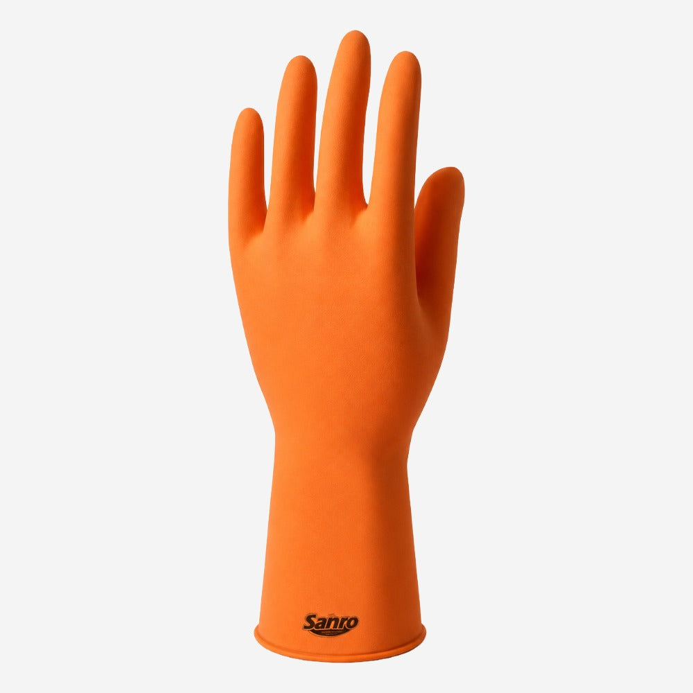 Luva de Proteção Química Biológica e Mecânica para Limpeza em Látex Natural Laranja Flocada Palma Texturizada Sanro Plus CA 6110