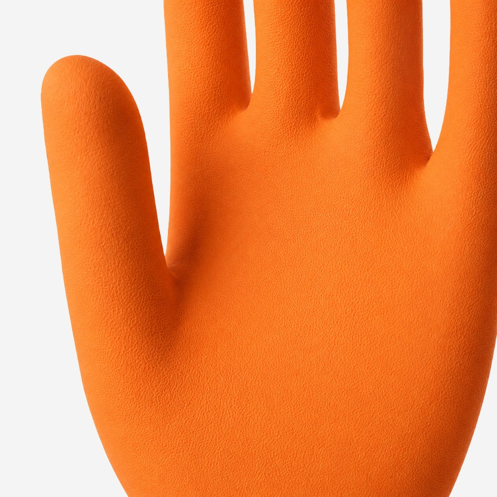 Luva de Proteção Química Biológica e Mecânica para Limpeza em Látex Natural Laranja Flocada Palma Texturizada Sanro Plus CA 6110