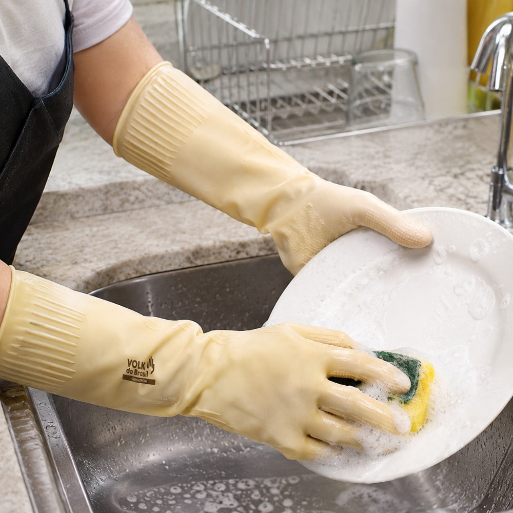 Luva de Proteção Química Tipo A Látex Natural Amarela Ranhurada Longa 32 a 42 cm Calor de Contato Nível 2 Grip Colmeia Volk 10.50.089.04 CA 15100