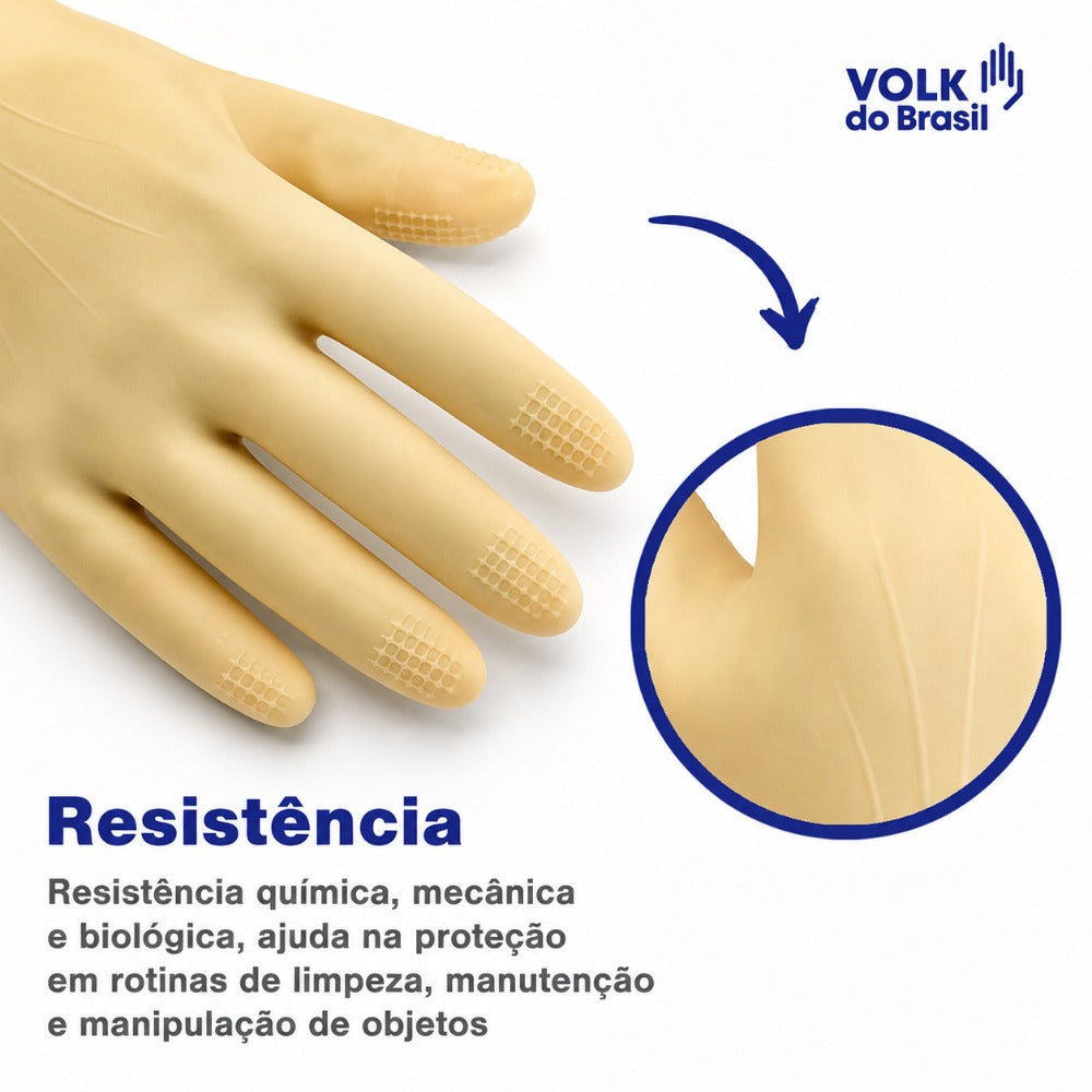Luva de Proteção Química Tipo A Látex Natural Amarela Ranhurada Longa 32 a 42 cm Calor de Contato Nível 2 Grip Colmeia Volk 10.50.089.04 CA 15100
