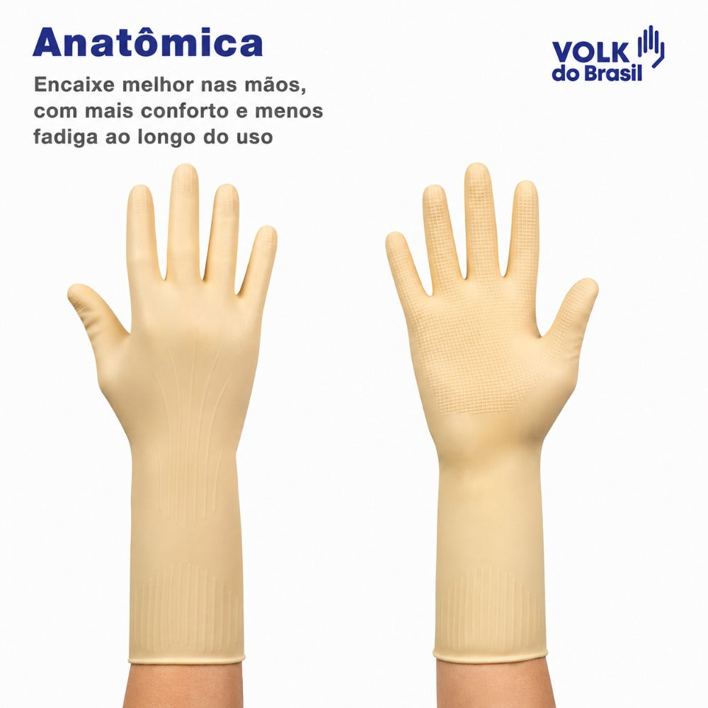 Luva de Proteção Química Tipo A Látex Natural Amarela Ranhurada Longa 32 a 42 cm Calor de Contato Nível 2 Grip Colmeia Volk 10.50.089.04 CA 15100