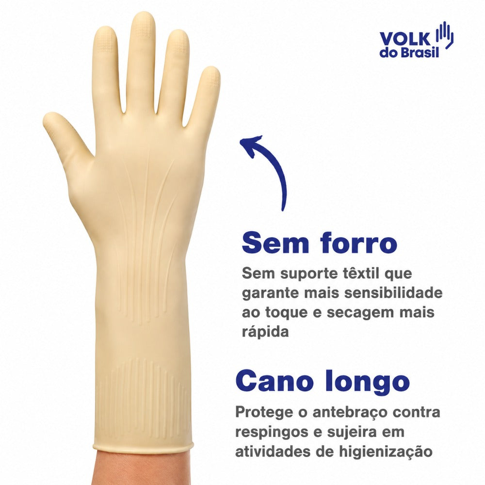 Luva de Proteção Química Tipo A Látex Natural Amarela Ranhurada Longa 32 a 42 cm Calor de Contato Nível 2 Grip Colmeia Volk 10.50.089.04 CA 15100