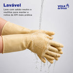 Luva de Proteção Química Tipo A Látex Natural Amarela Ranhurada Longa 32 a 42 cm Calor de Contato Nível 2 Grip Colmeia Volk 10.50.089.04 CA 15100