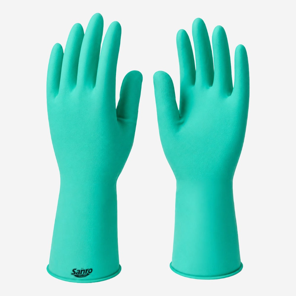 Luva de Proteção Química e Mecânica para Limpeza e Serviços Gerais em Látex Natural Verde Flocada Palma Texturizada Sanro Soft CA 5129