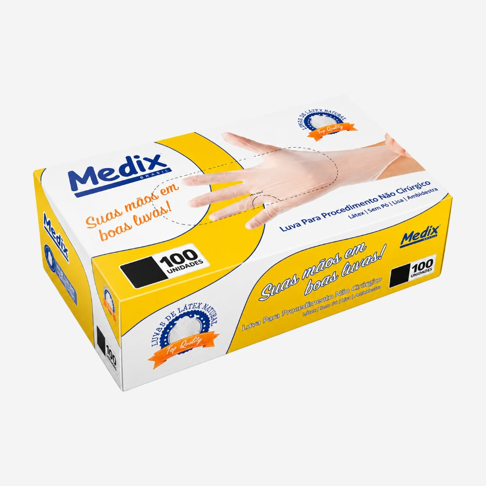 Luva de Proteção Risco Biológico Procedimento Não Cirúrgico Descartável Vinil PVC Transparente Sem Pó Ambidestra Caixa com 100 Unidades Medix CA 49954