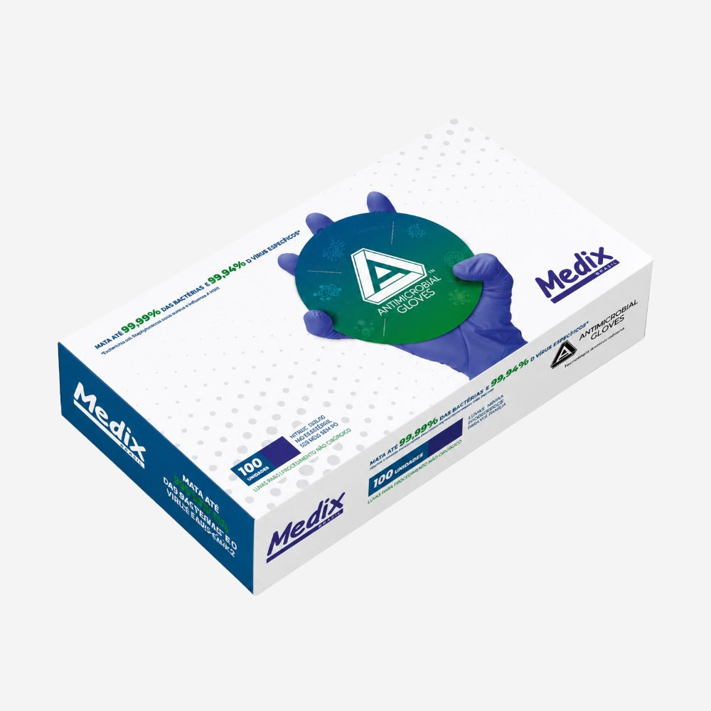 Luva de Proteção Risco Biológico Procedimento Não Cirúrgico Nitrilo Azul Violeta Sem Pó Antimicrobiana Caixa com 100 Unidades Medix AMG CA 44086