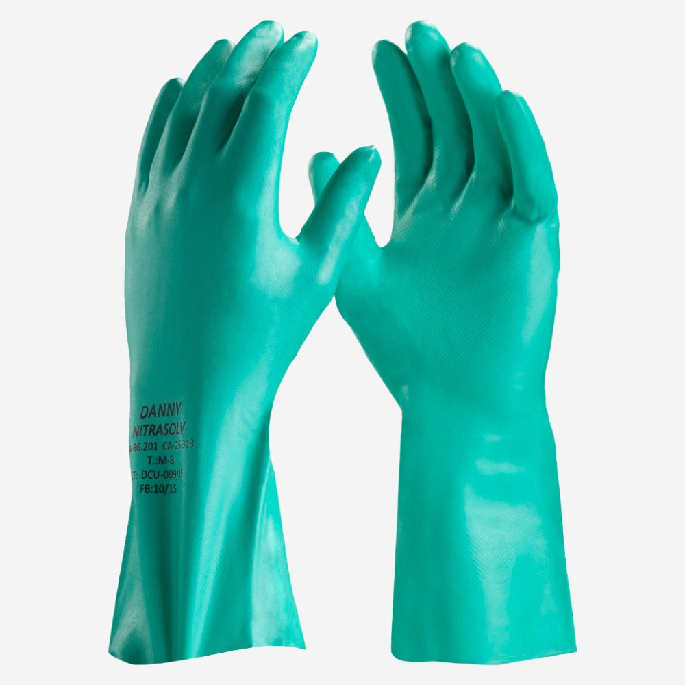 Luva de Proteção Produtos Químicos Hipoalergênica Borracha Nitrílica Verde Sem Forro Danny Nitrasolv DA-36.200 C.A 25313