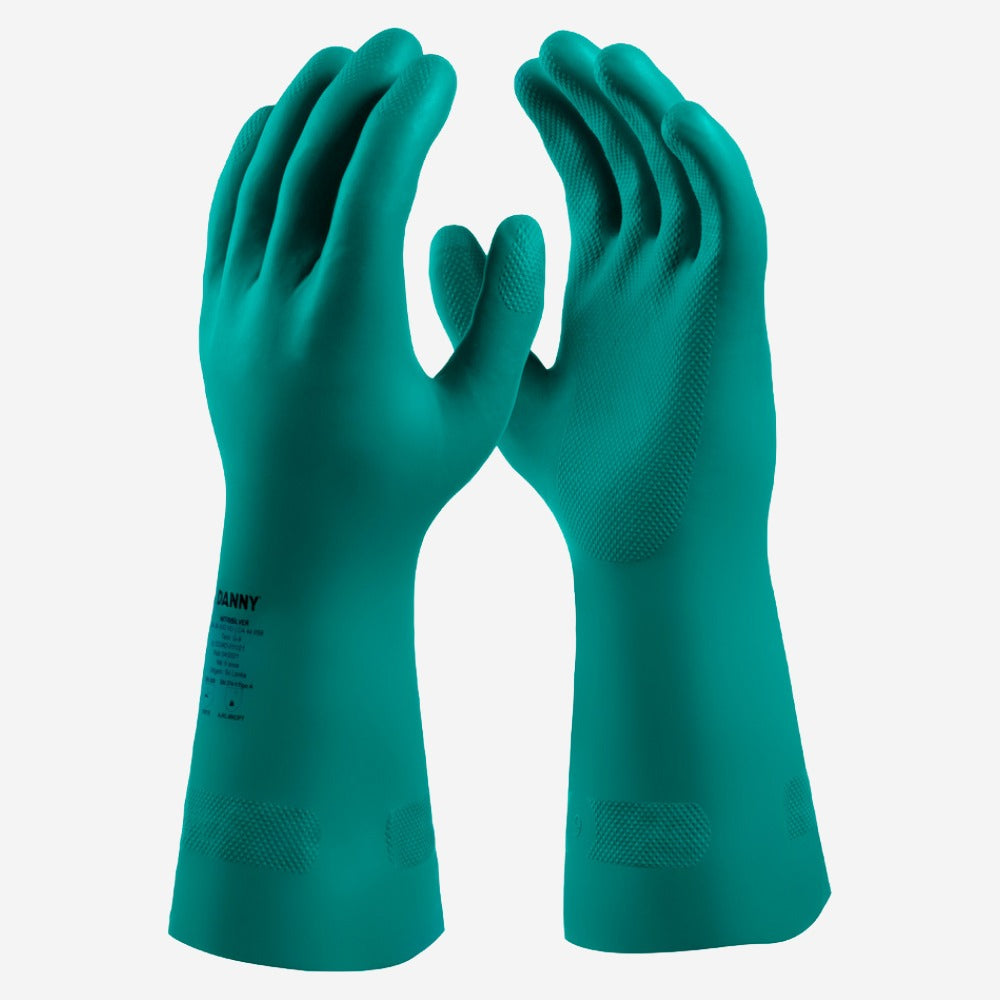 Luva de Proteção Produtos Químicos Borracha Nitrílica Verde Palma Antiderrapante Danny Nitrisilver DA-36.400 VD C.A 44058