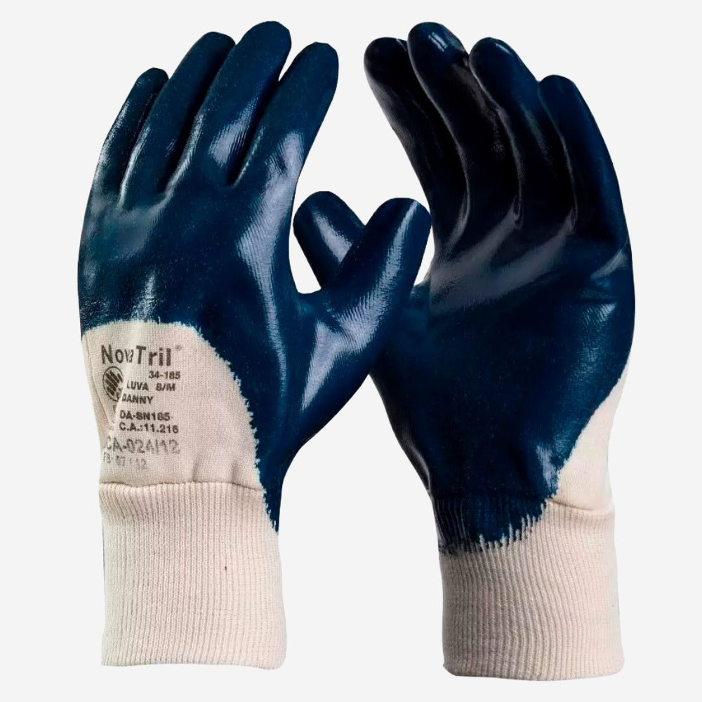 Luva de Proteção Produtos Químicos Altas Temperaturas Até 100º C Algodão com Banho Nitrílico Parcial Azul Danny Novatril DA-SN185 C.A 11216