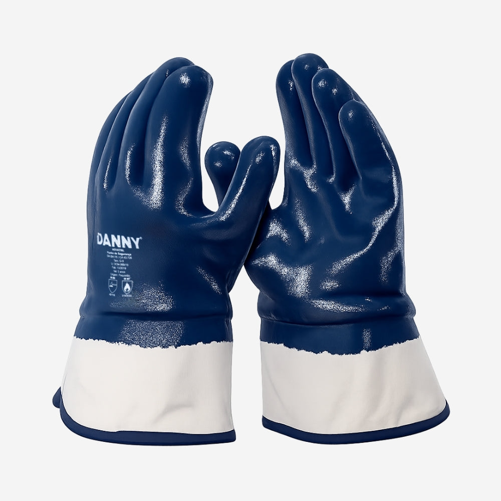 Luva de Proteção Produtos Químicos Anticorte Com Punho Lona Algodão Com Banho Nitrílico Azul Danny Novatril DA-SN176 C.A. 43726