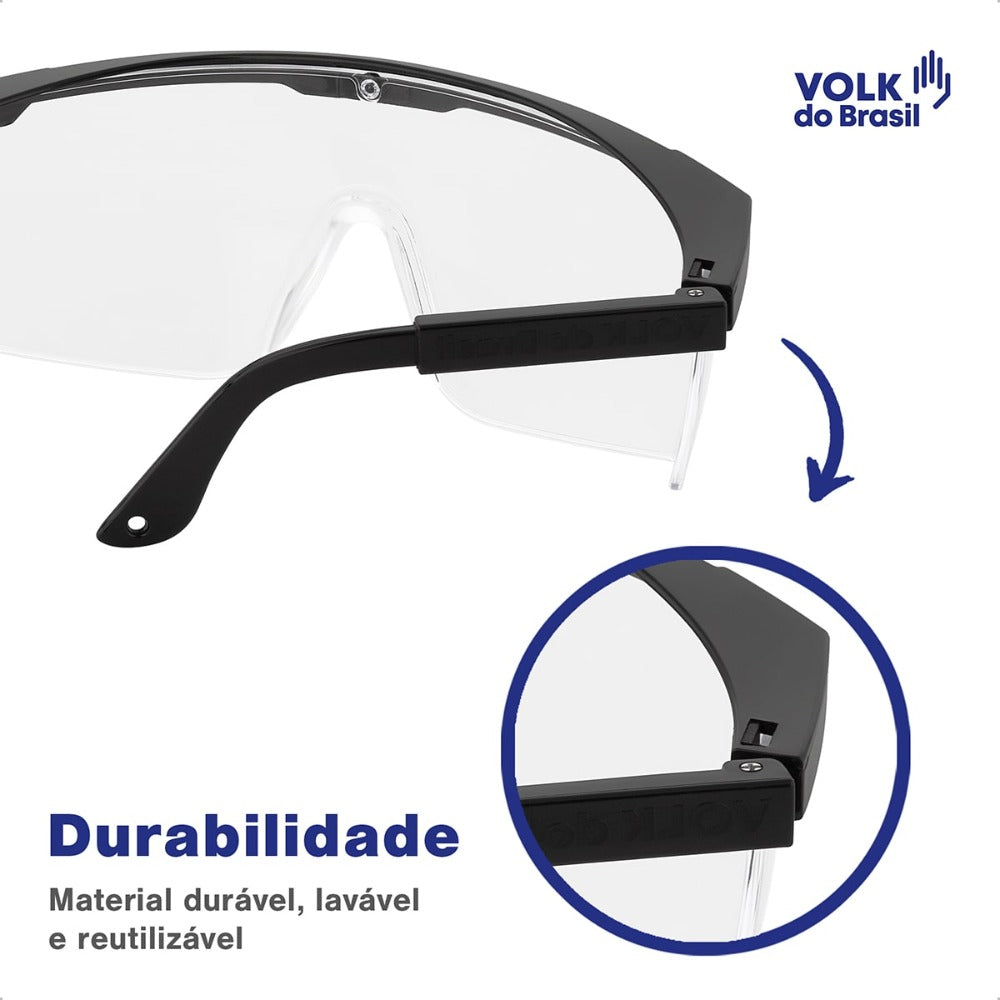 Óculos de Segurança Incolor Frontal e Lateral Lente em Policarbonato Antirrisco Haste Preta Volk Vvision 100 24.24.288.11 C.A 42716
