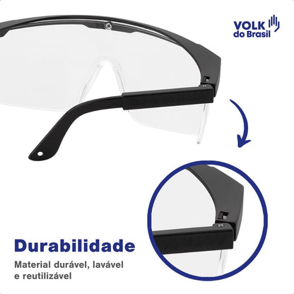 Óculos de Segurança Incolor Frontal e Lateral Lente em Policarbonato Antirrisco Haste Preta Volk Vvision 100 24.24.288.11 C.A 42716