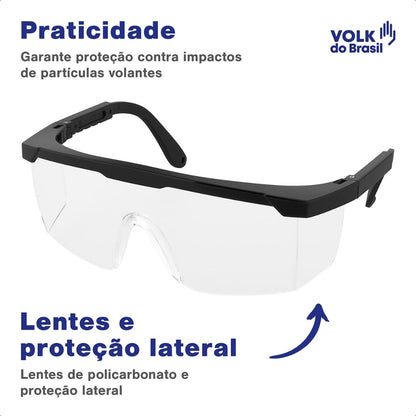 Óculos de Segurança Incolor Frontal e Lateral Lente em Policarbonato Antirrisco Haste Preta Volk Vvision 100 24.24.288.11 C.A 42716