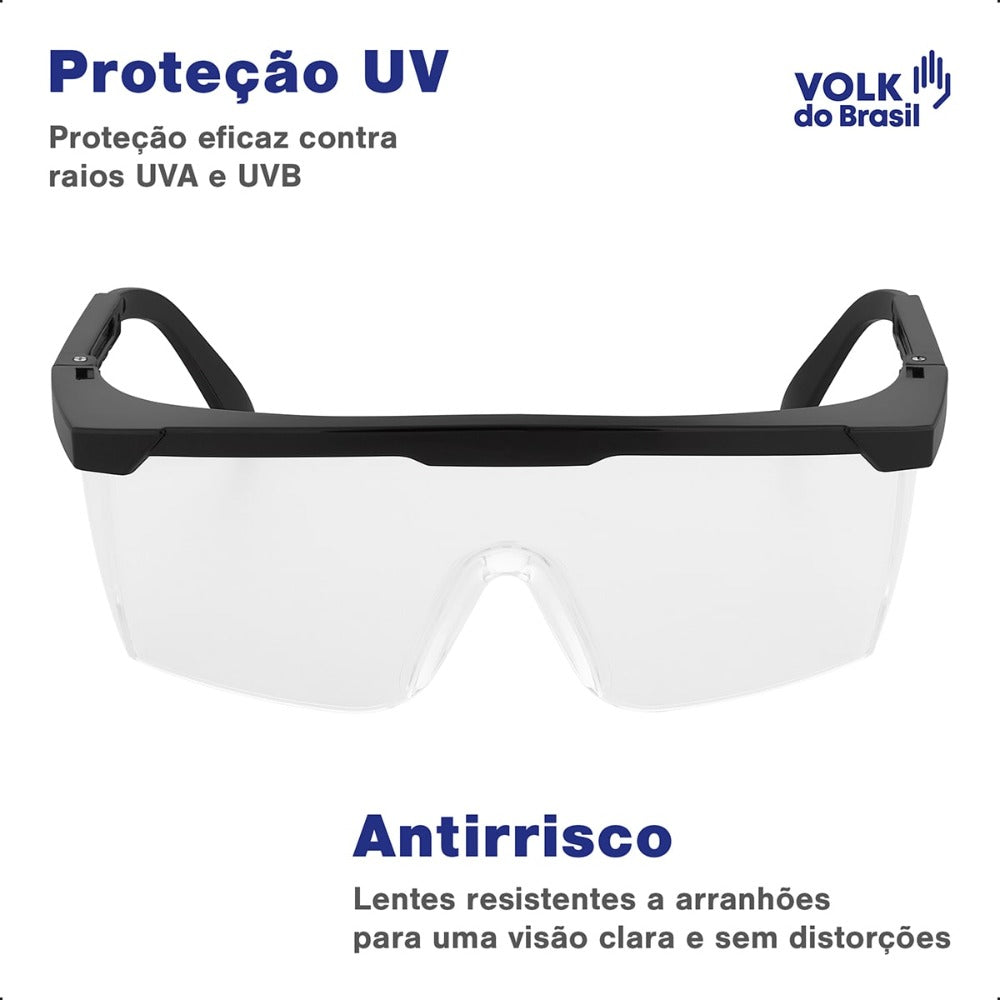 Óculos de Segurança Incolor Frontal e Lateral Lente em Policarbonato Antirrisco Haste Preta Volk Vvision 100 24.24.288.11 C.A 42716