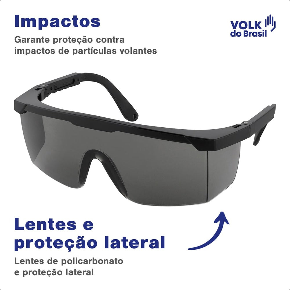 Óculos de Segurança Cinza Frontal e Lateral Lente em Policarbonato Antirrisco Haste Preta Volk Vvision 100 24.24.288.11 C.A 42716