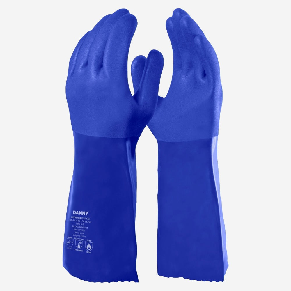 Luva de Proteção Óleos e Graxas Abrasão Produtos Químicos Altas Temperaturas Até 250º C PVC Com Suporte Têxtil Azul Cano 35 cm Danny Petroblue DA-12.214 C.A 38792
