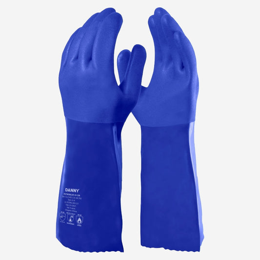 Luva de Proteção Óleos e Graxas Abrasão Produtos Químicos Altas Temperaturas Até 250º C PVC Com Suporte Têxtil Azul Cano 35 cm Danny Petroblue DA-12.214 C.A 38792