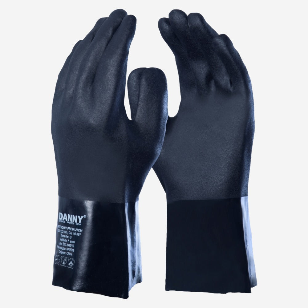 Luva de Proteção Óleos e Graxas Abrasão Produtos Químicos Altas Temperaturas Até 250º C PVC Com Suporte Têxtil Preto Cano 27 cm Danny Petronit DA-12.210D C.A 16397
