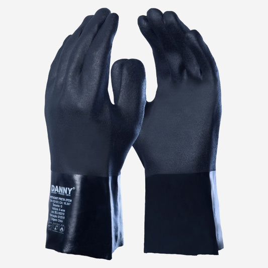 Luva de Proteção Óleos e Graxas Abrasão Produtos Químicos Altas Temperaturas Até 250º C PVC Com Suporte Têxtil Preto Cano 27 cm Danny Petronit DA-12.210D C.A 16397