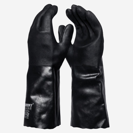 Luva de Proteção Óleos e Graxas Abrasão Produtos Químicos Altas Temperaturas Até 250º C PVC Com Suporte Têxtil Preto Cano 45 cm Danny Petronit DA-12.214 C.A 40304