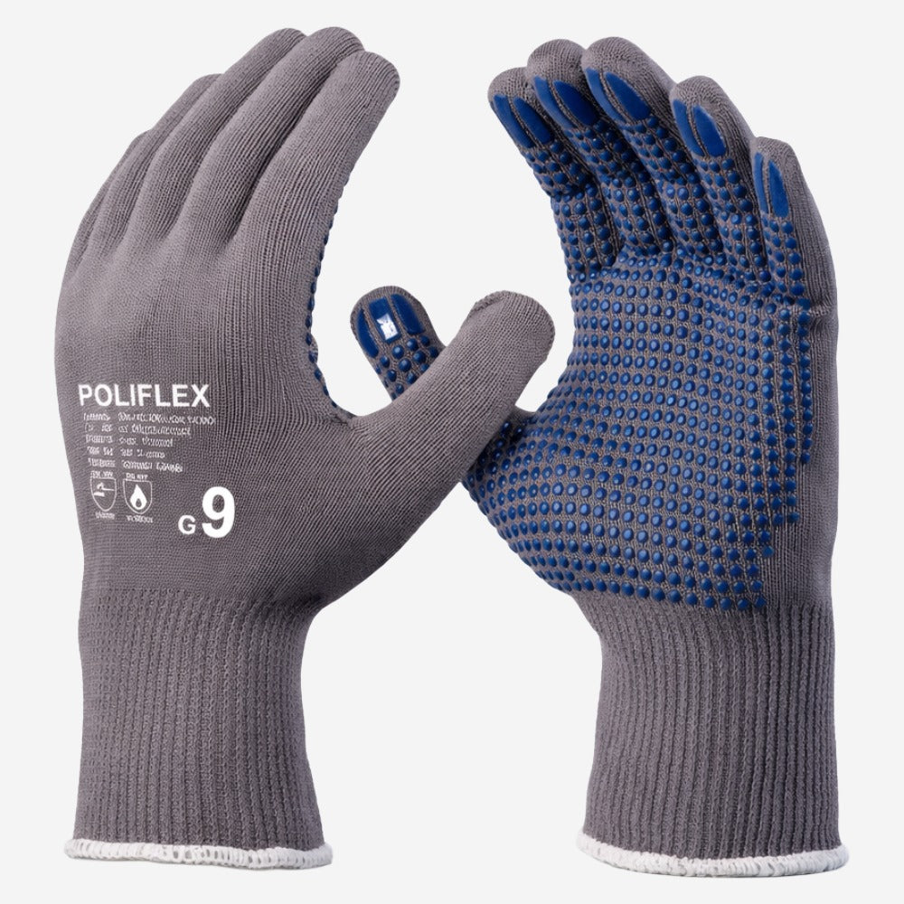 Luva de Proteção Serviços Gerais Altas Temperaturas Até 100º C Tricotada em Nylon Cinza Com Palma Pigmentada em PVC Azul Danny Poliflex DA-11.300 C.A 14997