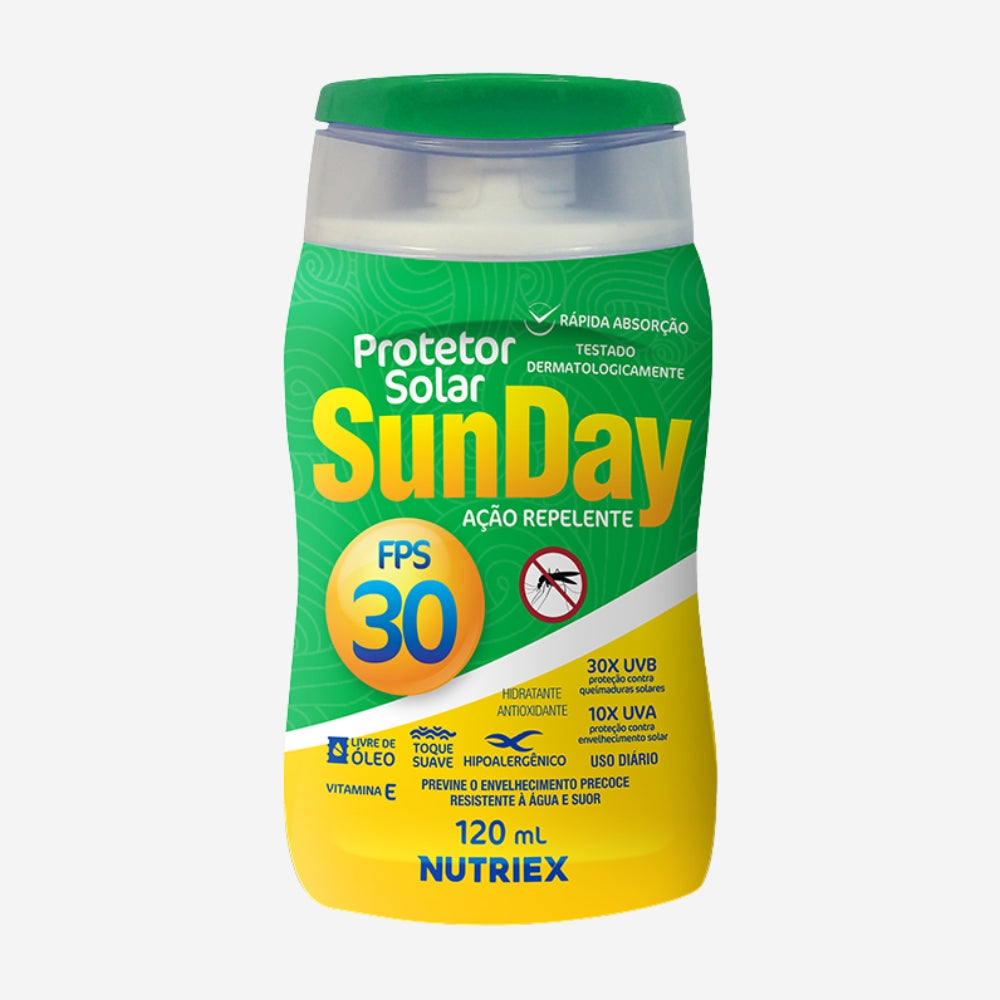 Protetor Solar Corporal 120 mL Com Repelente FPS 30 UVA e UVB Hipoalergênico Resistente à Água Nutriex Sunday 62992