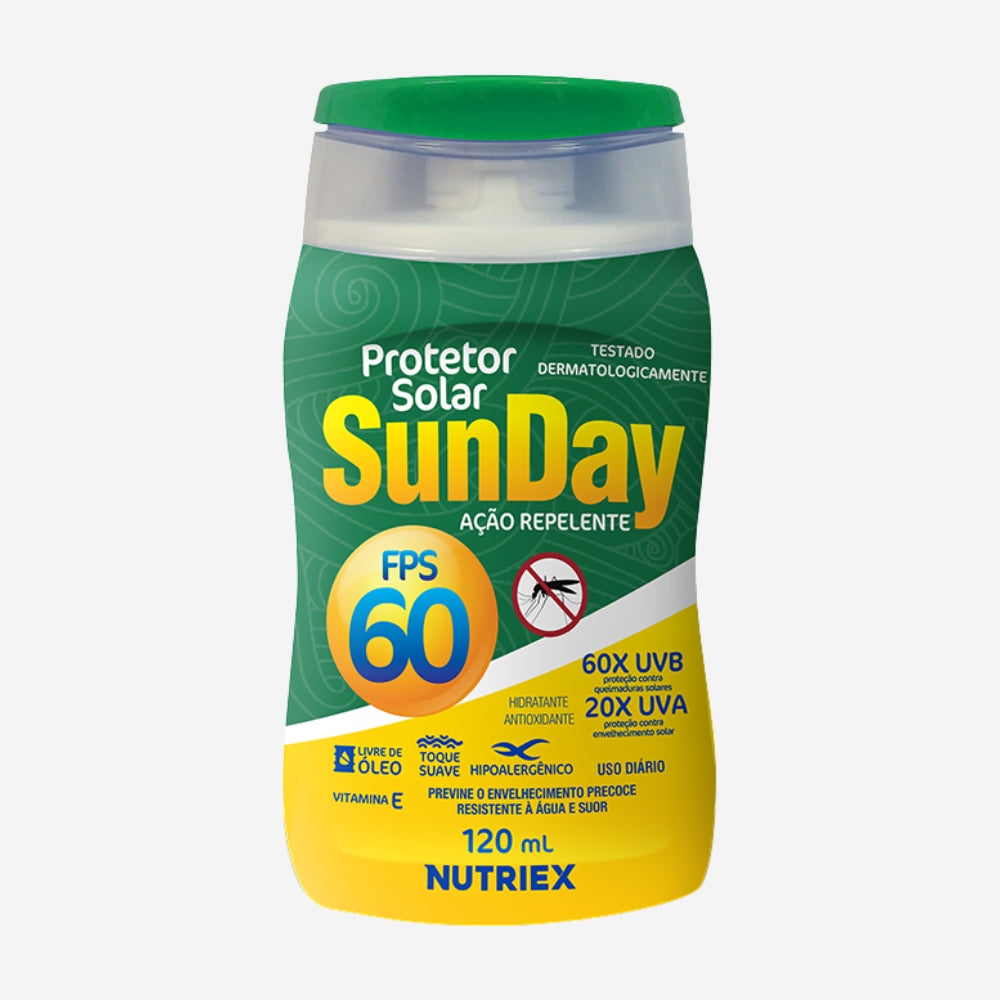 Protetor Solar Corporal 120 mL Com Repelente FPS 60 UVA e UVB Hipoalergênico Resistente à Água Nutriex Sunday 62802