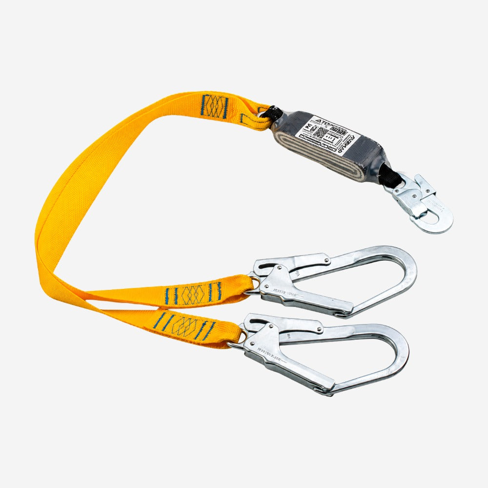 Talabarte Duplo em Y com Absorvedor de Energia para Trabalho em Altura Fita Poliéster 1,35m Conectores 55mm Dupla Trava Athenas AT YFT ABS 707