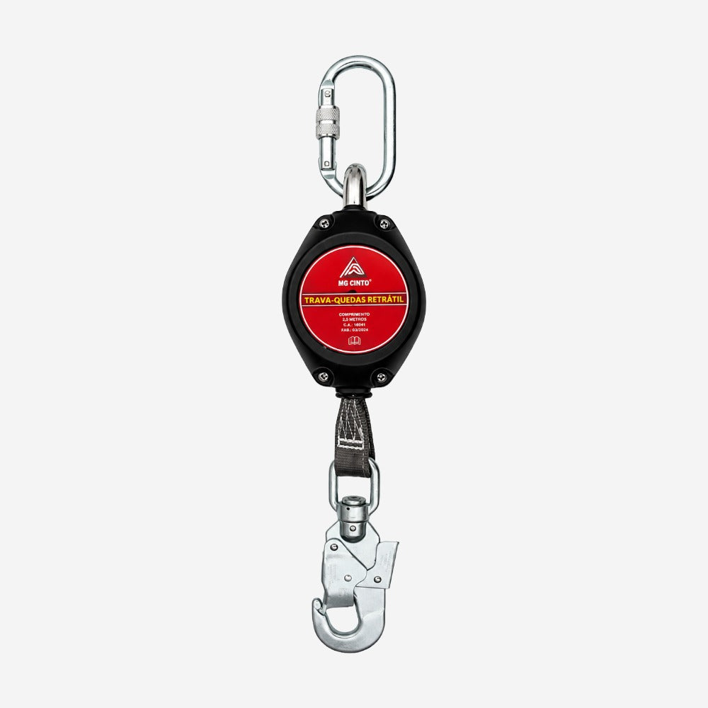 Trava-Queda Retrátil 2,1m para Trabalho em Altura com Fita Dyneema 25mm Caixa Polímero Indicador de Impacto Conectores 19mm e 18mm MG Cinto MULT 2015