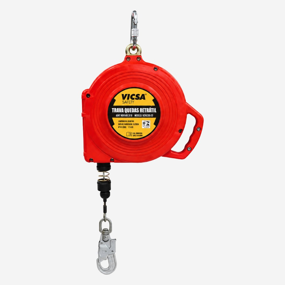 Trava-Quedas Retrátil 10m para Trabalho em Altura Linha de Vida Cabo de Aço Galvanizado 4,8mm Caixa ABS Conectores 17mm e 20mm VICSA VIC29061P