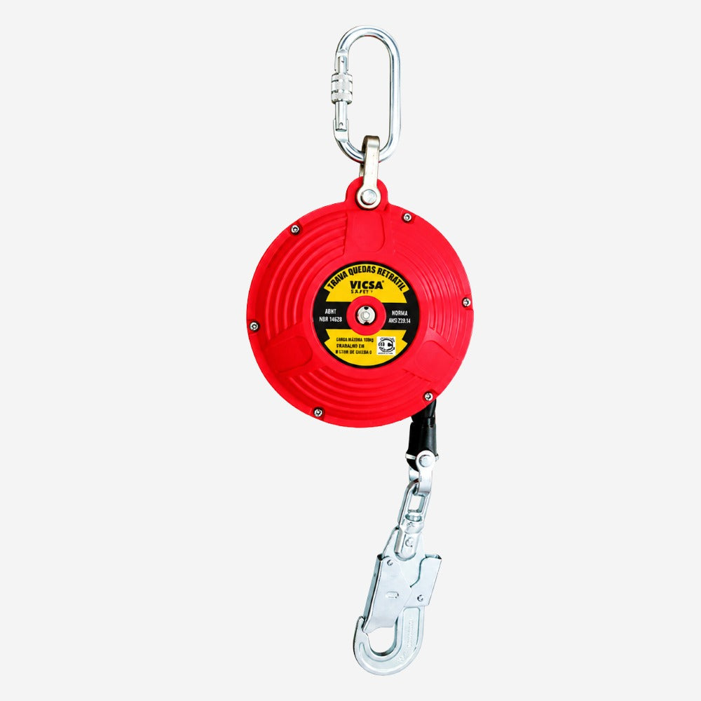 Trava-Quedas Retrátil para Trabalho em Altura Linha de Vida Fita Poliéster 25mm 15m Caixa ABS Conectores 17mm e 20mm VICSA VIC29161